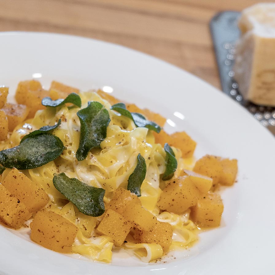 Hand-Made Tagliatelle with Parmigiano Reggiano Cream, Roasted Butternut Squash, Brown Butter, and Crispy Sage