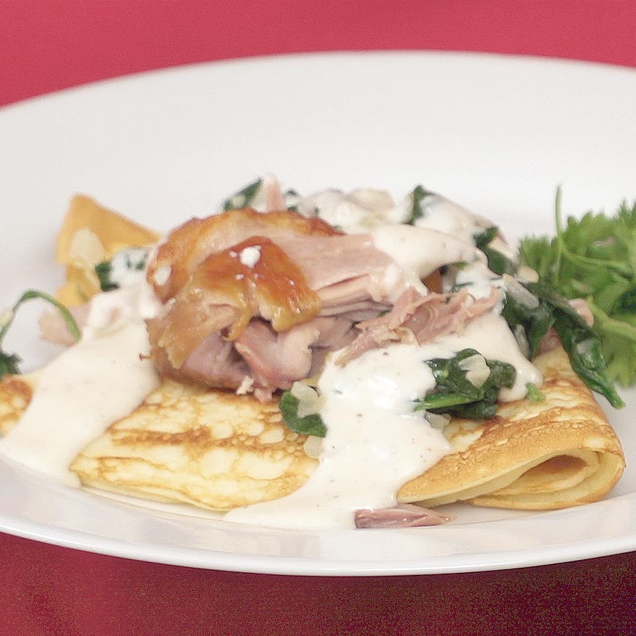 Deanna Smith Gluten-Free Crêpes with Duck Confit, Spinach, and Cream Sauce