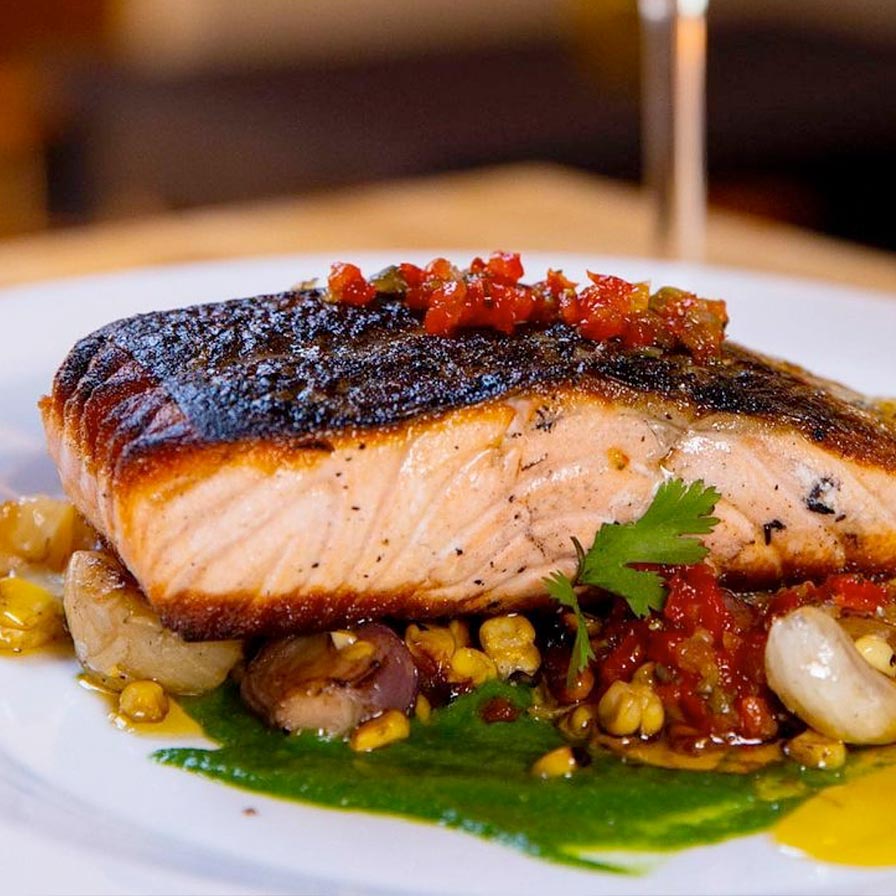 Lamar J. Moore - Pan Seared Salmon with Corn Succotash & Spinach Purée