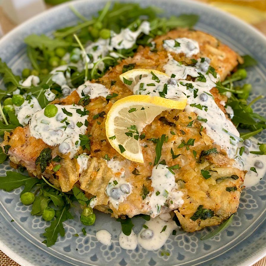 Potato Chip & Parmesan Crusted Swordfish with Arugula & Pea Salad