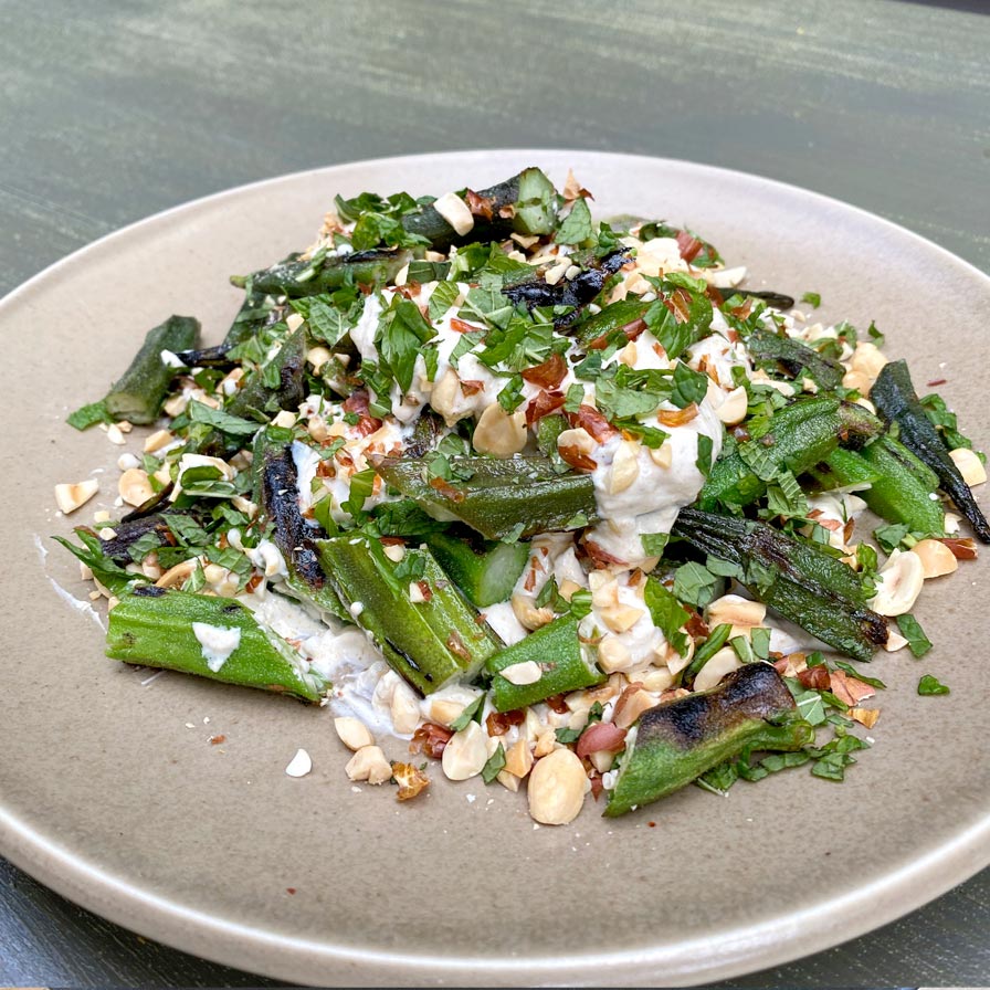 Steven Satterfield – Grilled Okra with Spiced Yogurt and Peanuts